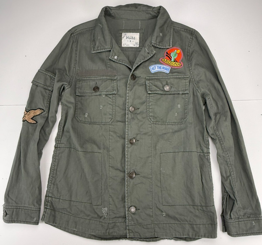 Mudd Women’s M Green Utility Jacket Patches Distressed Cotton Military Shacket